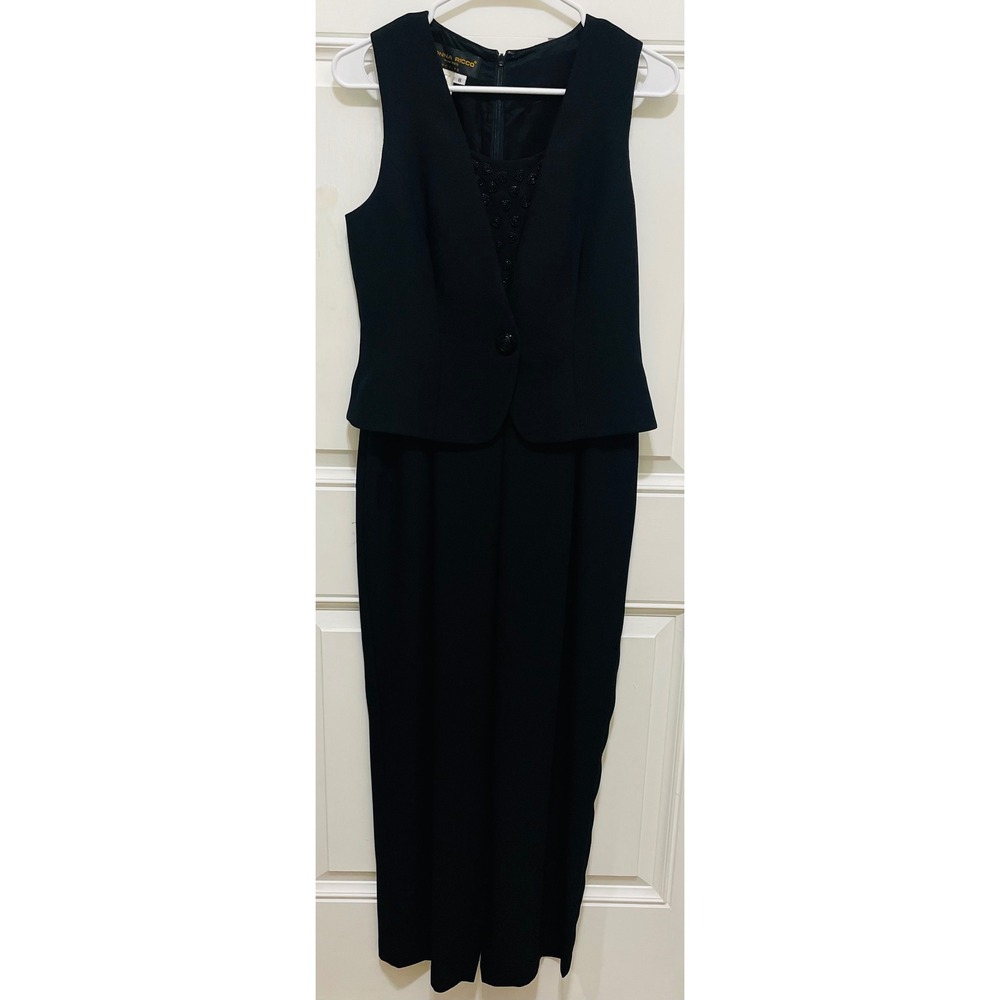 Vintage‎ Donna Ricco Petite Black Pant Suit Vest Beaded Sleeveless Formal Size 8
